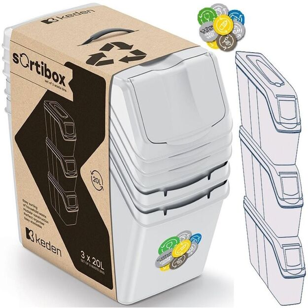GARBAGE BINS 20 L SORTIBOX SET 3 PCS. GREY