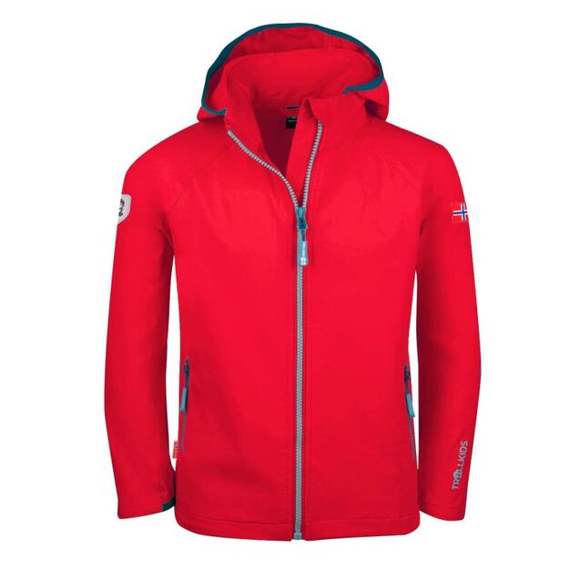 Trollkids Kids Kvalvika Jacket red hooded softshell jacket for girls/boys (328-414)