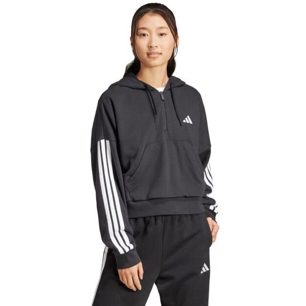 Women\ s adidas Essentials 3-Stripes French Terry Quarter-Zip Hoodie Black JN1956