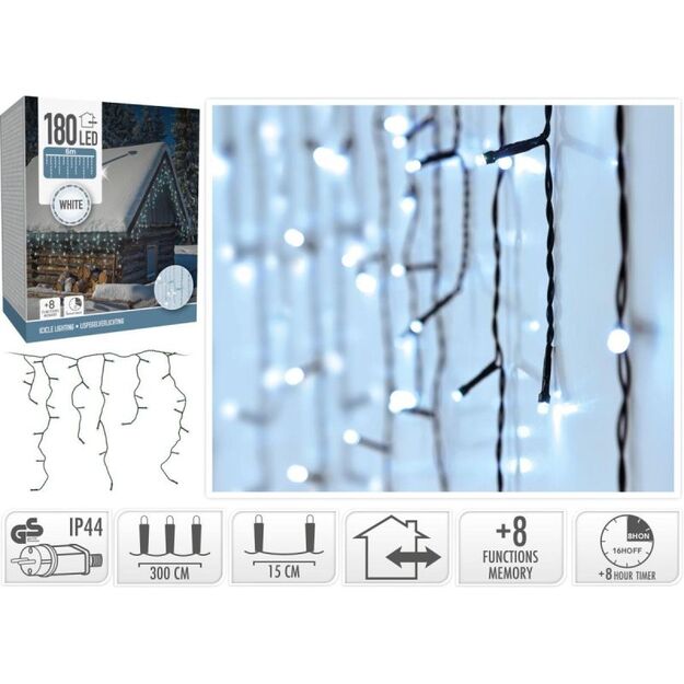 CHRISTMAS TREE LIGHTS OUTDOOR LIGHT CURTAIN 180 LED CONTROLLER TIMER COOL WHITE TRANSPARENT CABLE