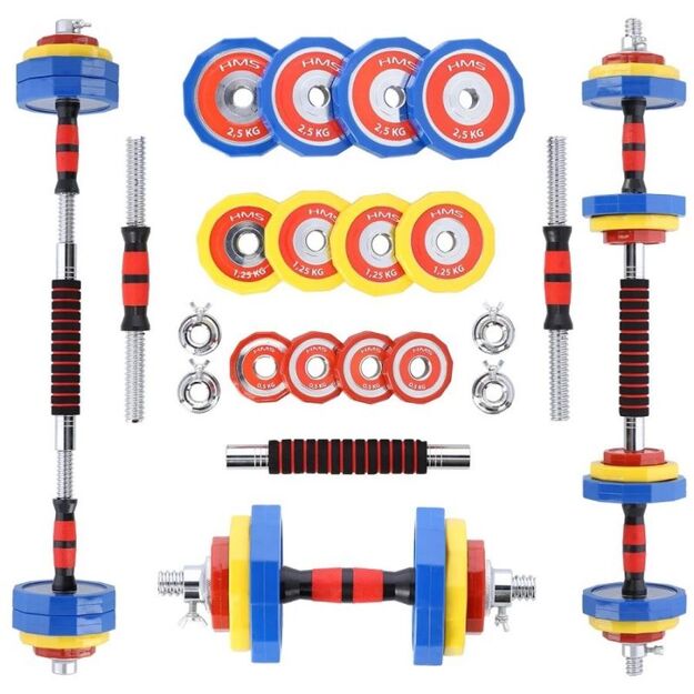 Colorful dumbbells with barbell function in a HMS SKC20 case 2 x 10 kg