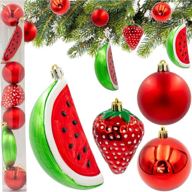 DECORATIVE PLASTIC BAUBLE SAFE 7 PCS STRAWBERRY WATERMELON