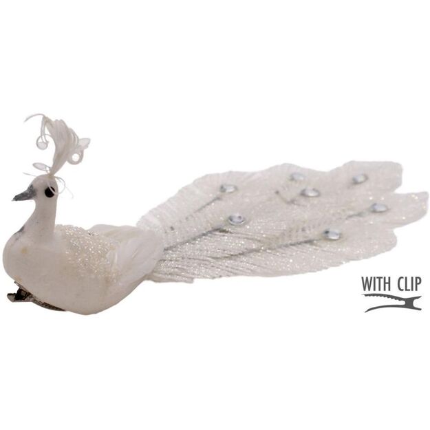 DECORATIVE PEACOCK ON A WHITE BAUBLE CLIP